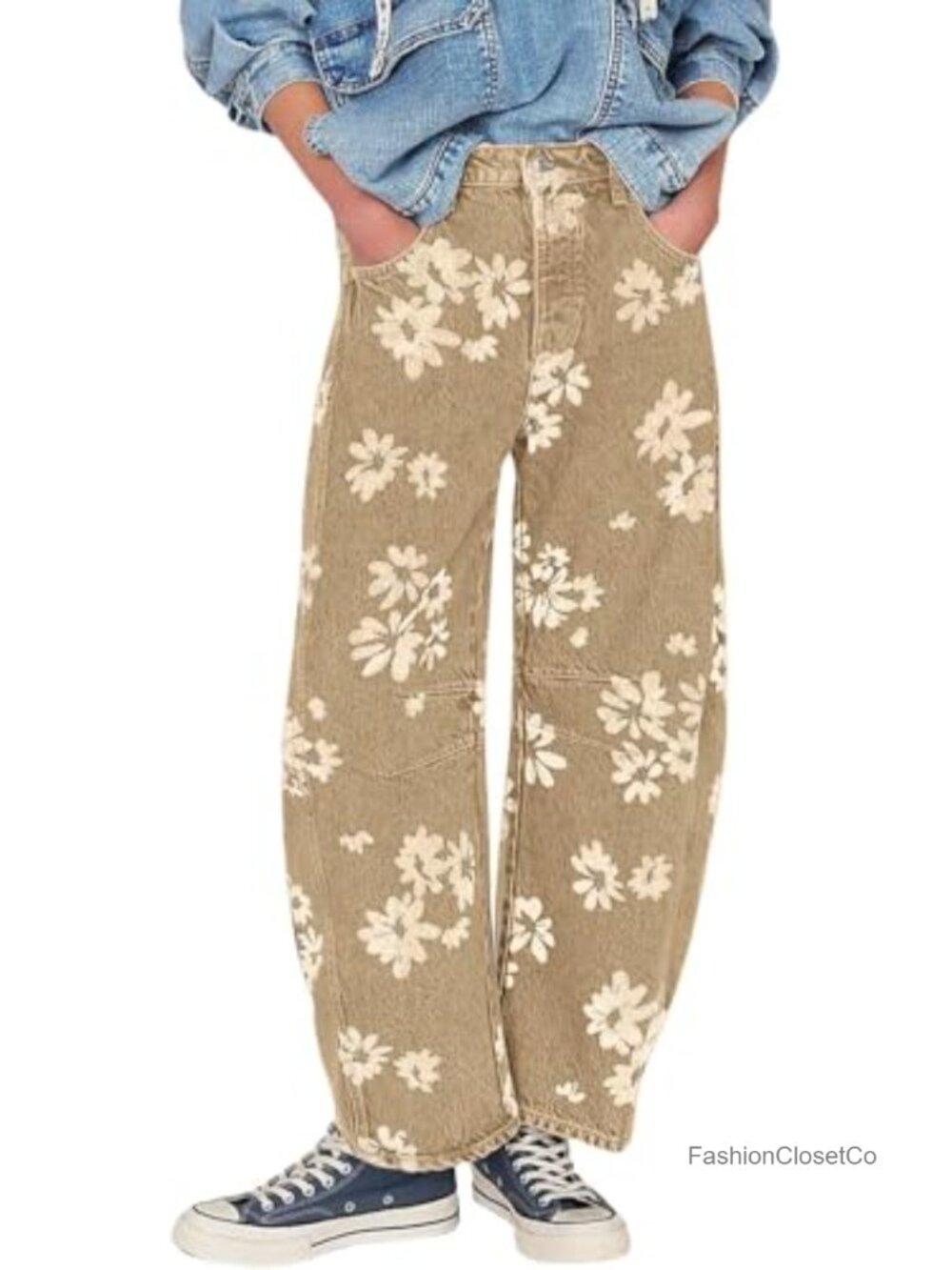 Womens Mid Rise Baggy Barrel Jeans Floral Wide Leg Y2k Boyfriend Denim Ankle